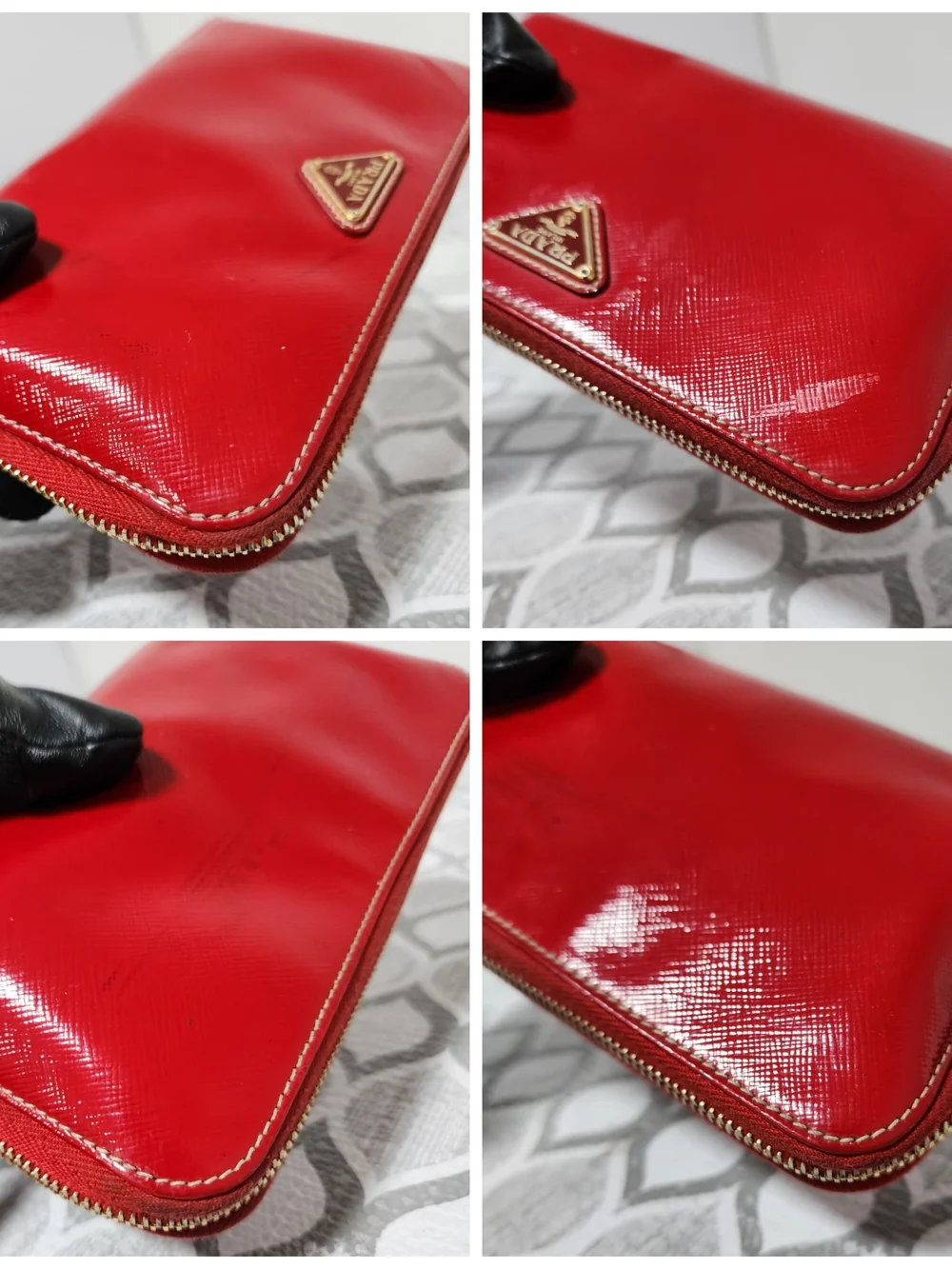 PRADA Patent Saffiano Triangle Large Zip Around Travel Wallet Red